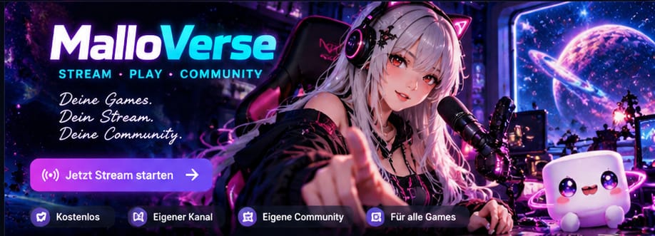 MallowVerse Streamerin mit Mikrofon und Mallow-Maskottchen vor einer Weltraumkulisse