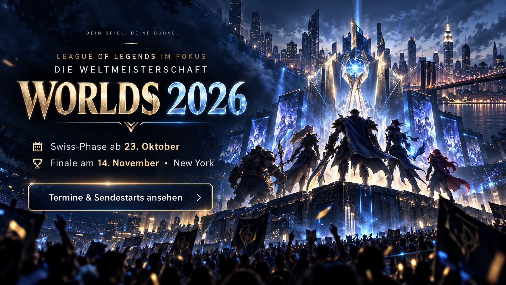 League of Legends Worlds 2026 mit Arena, Trophäe und Turnierterminen